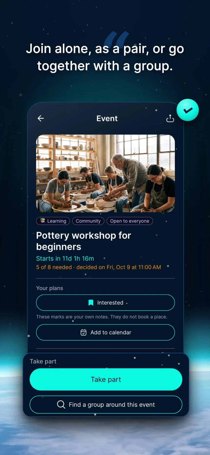 An event in Meet & Mint: join alone, as a pair or with a group